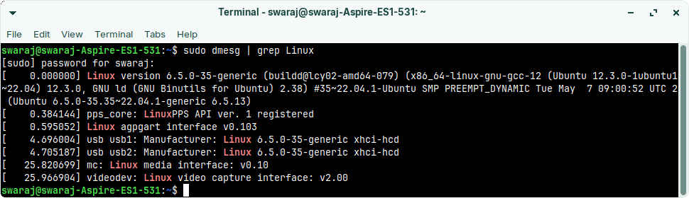 dmesg linux kernel check